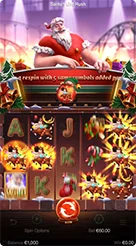 Santa’s Gift Rush · Periksa informasi saldo, taruhan, dan menu pengaturan di panel bawah.